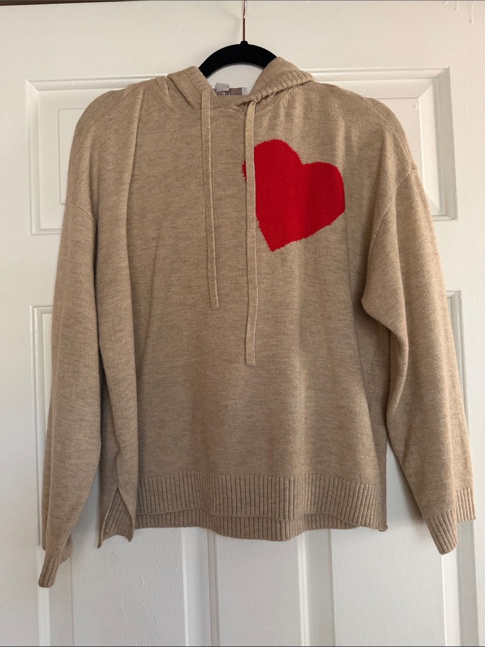 LOFT Beige Hoodie Sweater with Red Heart Accent